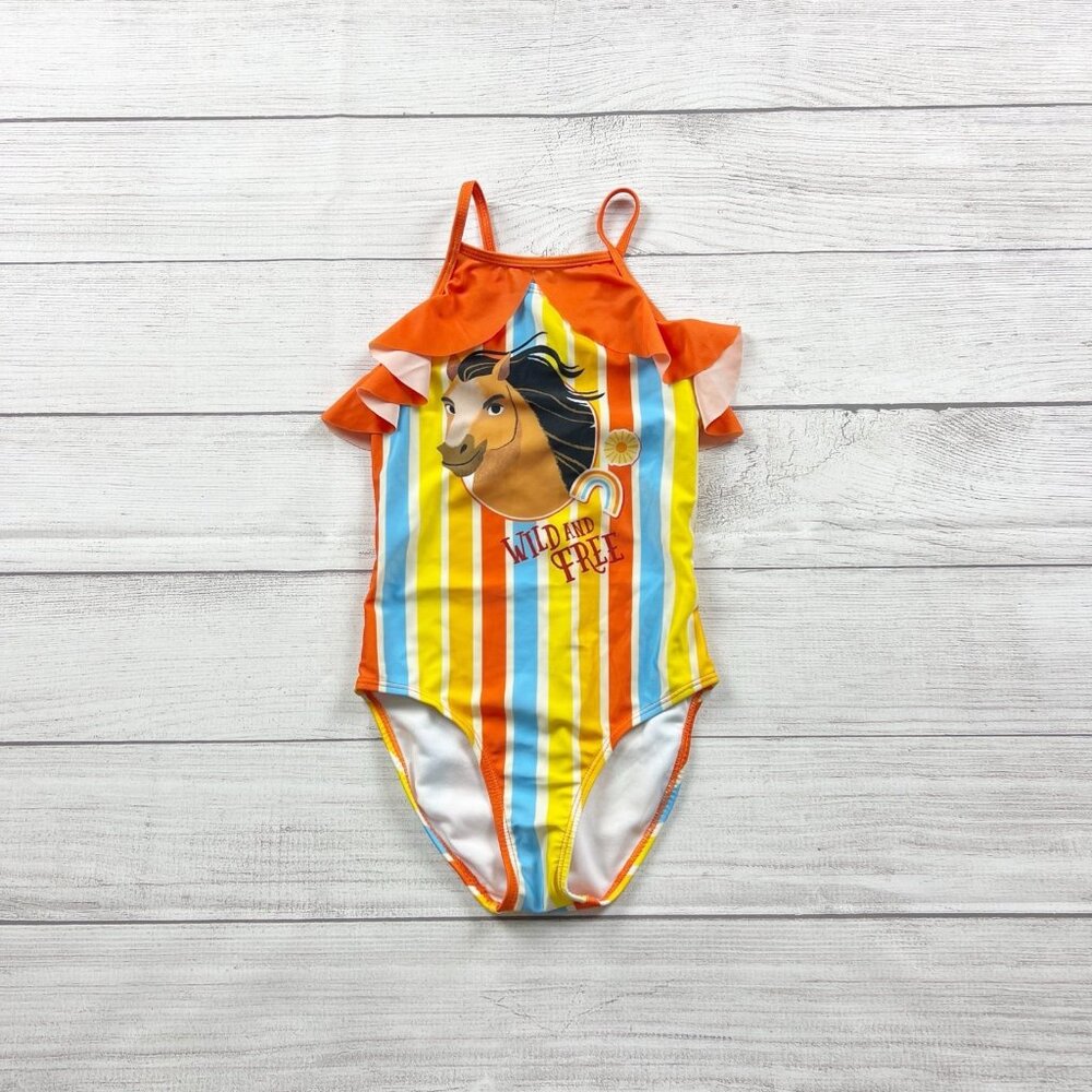 DreamWorks Spirit Riding Free Girls One Piece Swimsuit Rainbow Stripe Ruffle S